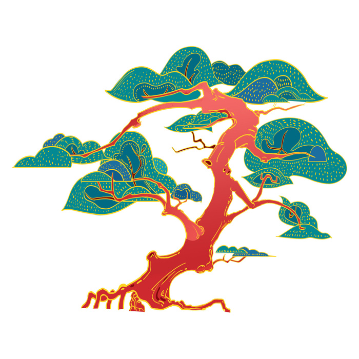 国潮风松树松枝松柏树木手绘植物装饰图案元素PSD设计素材
