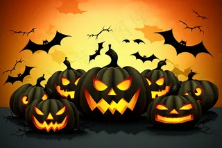 万圣节南瓜蝙蝠城堡恐怖夜晚插画背景