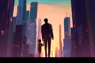 父亲和孩子亲情城市剪影背景