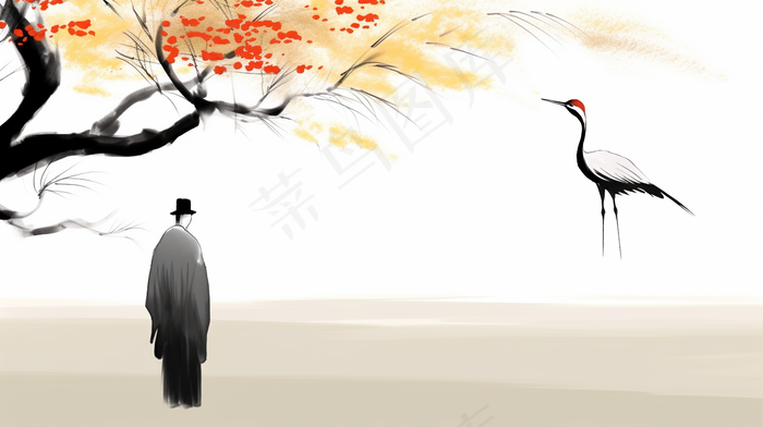 中国风僧人白鹤水墨画插画(4368x2448)
