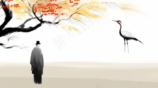 中国风僧人白鹤水墨画插画