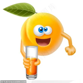 有趣的橙子卡通水果形象拿着装有橙汁的玻璃杯装有橙汁的玻璃杯