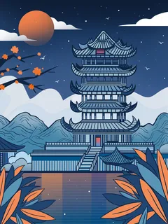 中国风国潮古建筑地标城市古风建筑阁楼印象地标手绘插画PSD素材