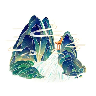 中国风国潮山水插画祥云中式手绘烫金线条元素png装饰背景PSD素材