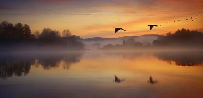 夕阳湖面倒影风光背景