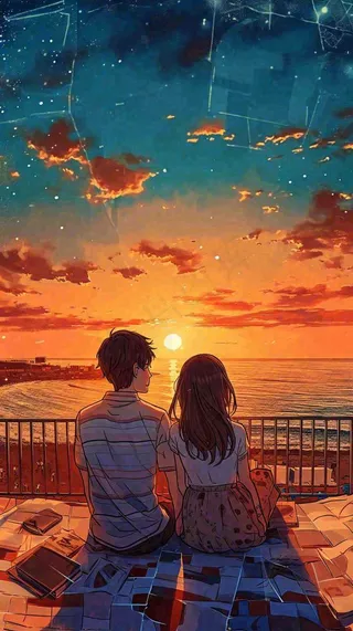 海边落日情人节情侣温馨爱情拥抱手绘插画