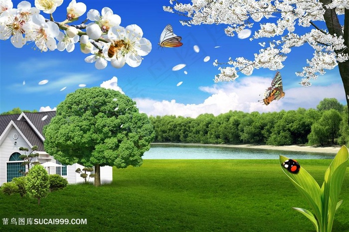 湖畔乡村风景画韩式自然背景