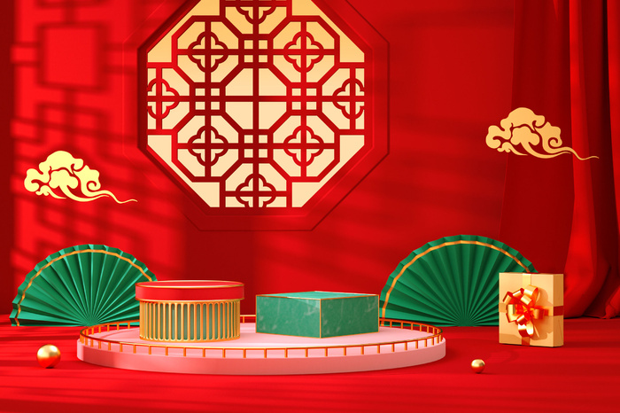 中国风古典喜庆C4D背景图3D国潮场景促销活动海报PSD设计素材模板psd模版下载