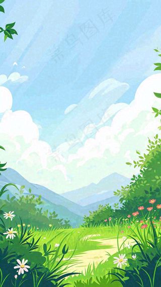 春天郊外露营旅行山脉蓝天白云草坪草地花丛，清新自然，惊蛰春分