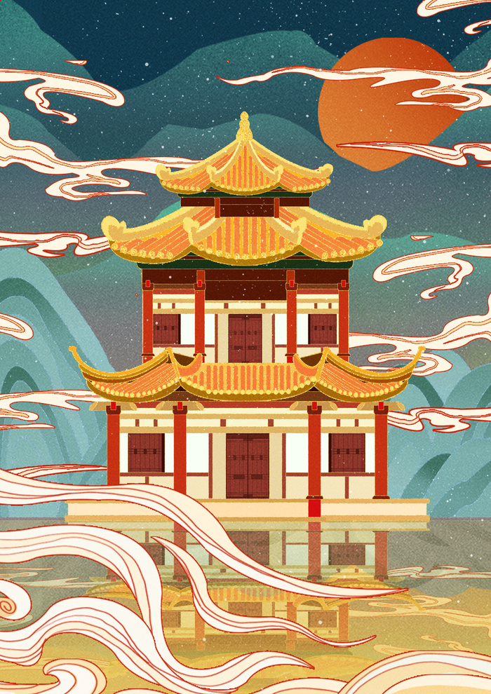 中国风国潮烫金仙鹤山水古建筑风景装饰插画背景PSD分层设计素材