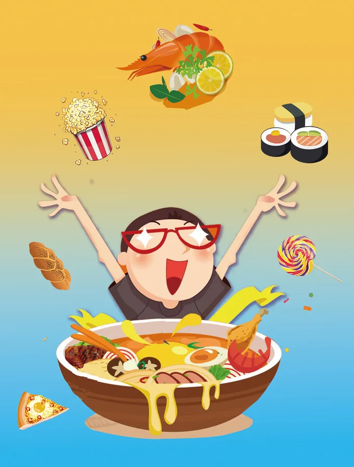 开心吃喝海鲜大虾面插画psd模版下载