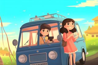 开车旅游草原花草人物卡通插画背景