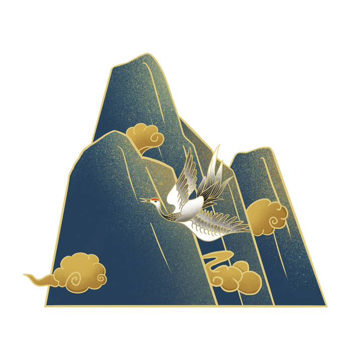 中国风国潮山水插画祥云中式手绘烫金线条元素png装饰背景PSD素材