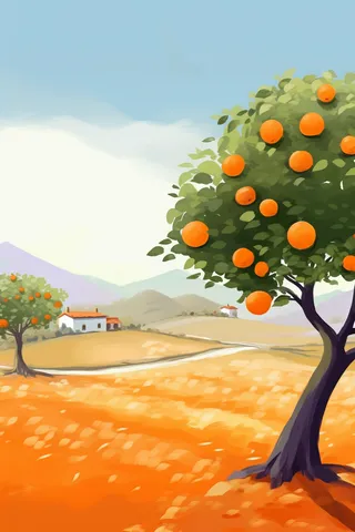 秋季成熟的橘子树遍地金黄远处的小村庄卡通插画素材