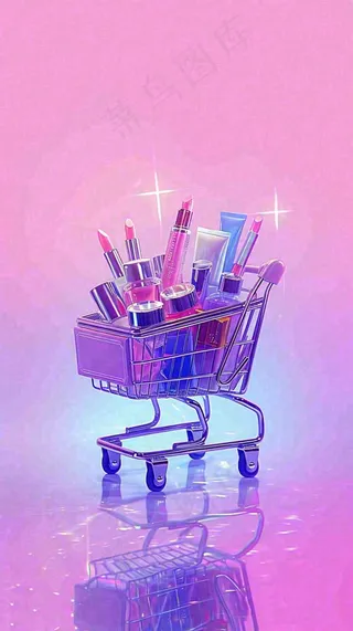 粉紫绚丽购物车采购电商美妆时尚，3D推车