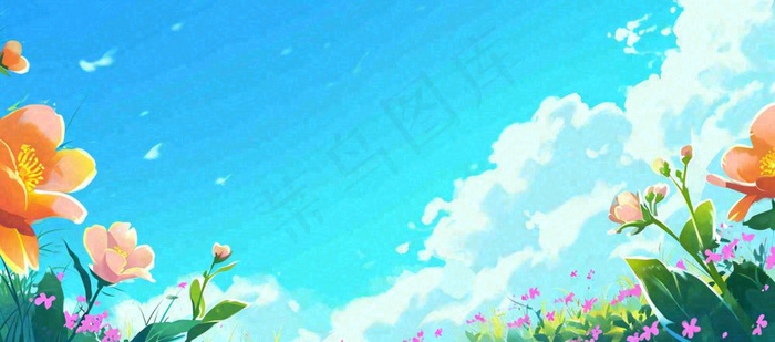 春日草地鲜花清新郊外草坪蓝天白云，春分