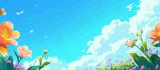 春日草地鲜花清新郊外草坪蓝天白云，春分