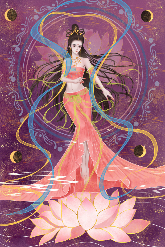 复古中国风国潮神话人物敦煌插画仙女手绘海报背景PSD设计素材