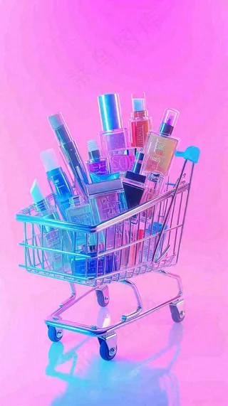 商品购物车电商美妆洗漱用品，彩色缤纷C4D