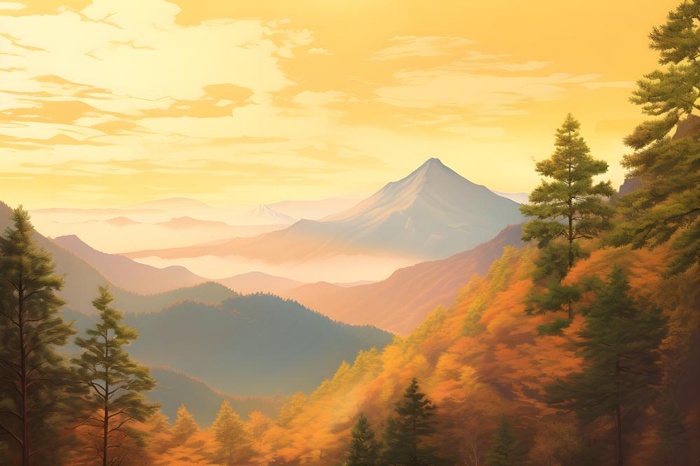 落日秋天树叶黄色山脉意境背景