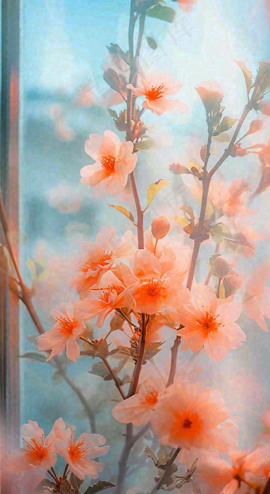 春天窗台橙色渐变鲜花，朦胧枝叶，春节立春(816x1488)