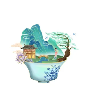 时尚微景观山水装饰庭院祥云中式国潮风插图插画元素素材设计模板 时尚微景观山水装饰庭院祥云中式国潮风插图插画元素素材设计模板