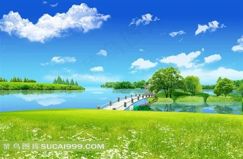 蓝天白云下的小桥