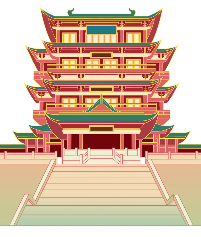 复古中国风国潮古建筑插画手绘高楼古塔PSD素材亭子png免抠图psd模版下载