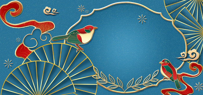 中国风国潮宫廷复古祥云锦鲤花卉扇子BANNER海报背景PSD素材