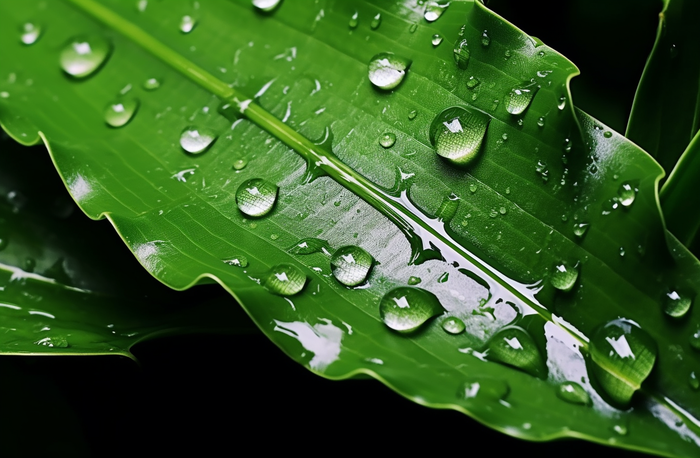 下雨天绿叶植物上的雨水雨滴摄影图