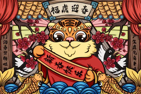 2022年虎年贺岁展板海报虎虎生威新年快乐春节大吉psd设计素材