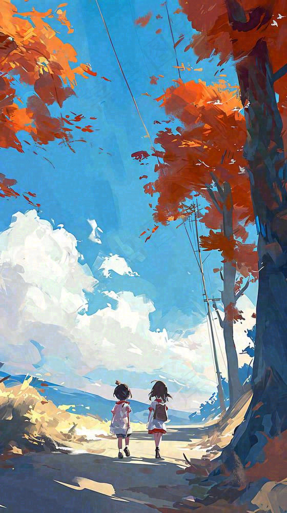 秋天红色秋叶树落叶温馨自然风景，立秋手绘插画(816x1456)