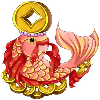 手绘国潮古风喜庆铜钱锦鲤鱼金鱼荷花插画场景装饰PSD设计素