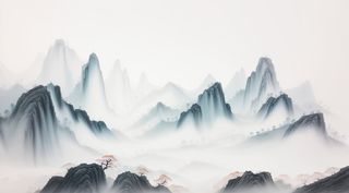 大气写意中国传统水墨画山水插画壁纸-洪山