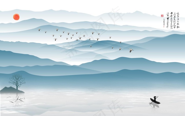 湖畔山脉水墨风景画