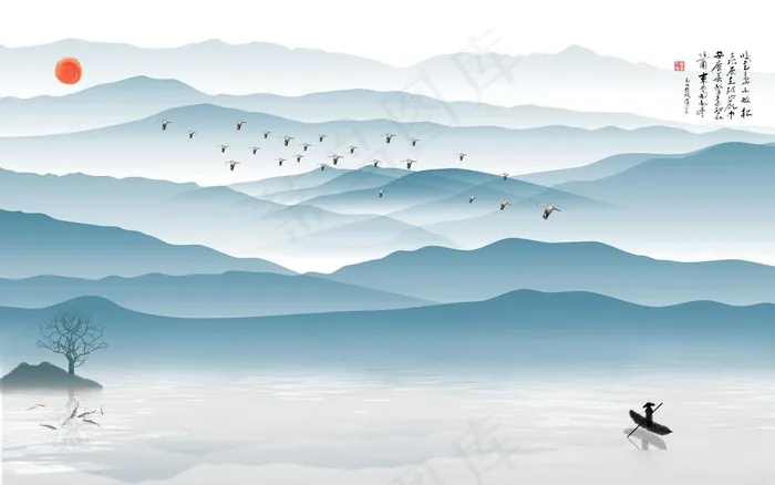 湖畔山脉水墨风景画