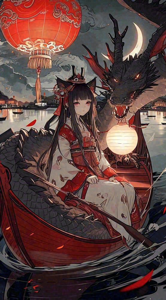少女漫画古风灯笼夜晚夜景船只手绘插画(816x1472)