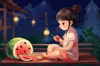 夜晚窗边乘凉水果猫插画背景