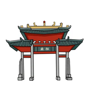 中国风复古式国潮门楼手绘城门插画牌楼建筑PSD素材png免扣图