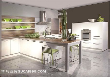 室内厨房餐桌和橱柜高清摄影图