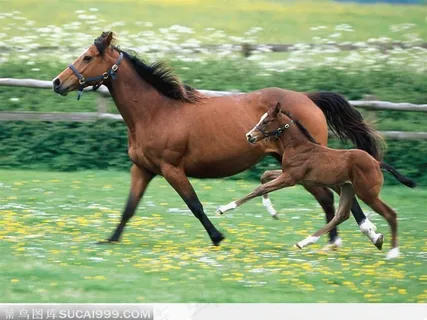 草地上嬉戏的母子马