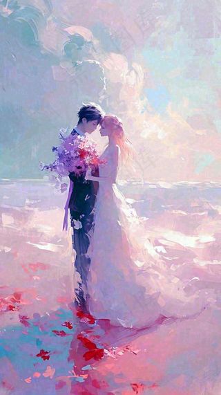 海边爱情情侣浪漫拥抱接吻，情人节婚纱照手绘插画