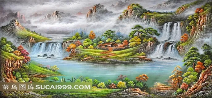 油画山水瀑布--聚宝盆