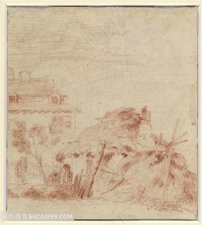 简约素描农房装饰画