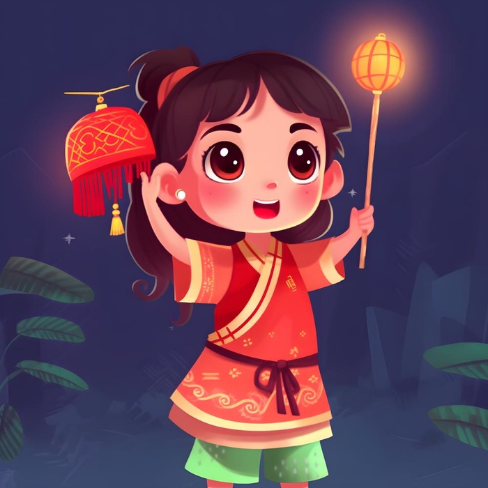 红色女孩灯笼祈福节日素材背景