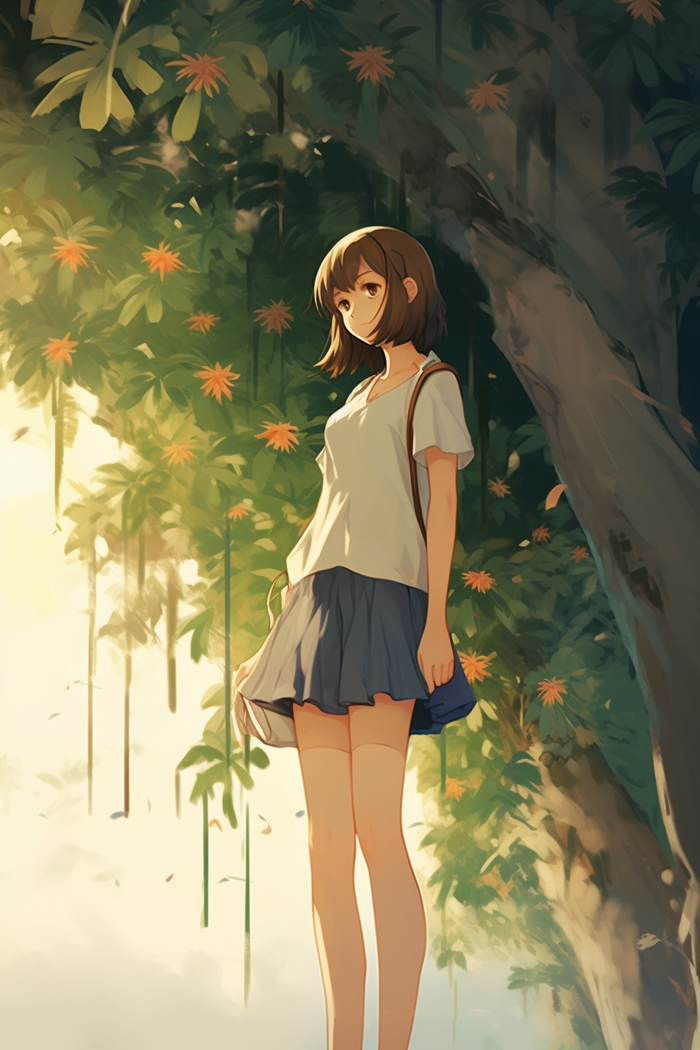 少女学生站在绿叶树下阳光卡通插画素材