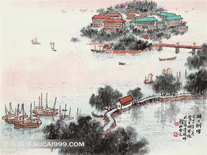 高清湖上朝晖图片