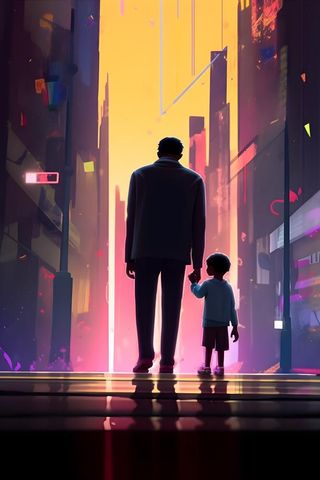 父亲和孩子亲情城市剪影背景