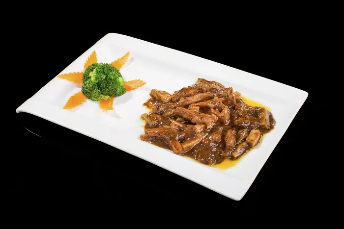 黑椒鸡柳餐饮快餐盖浇饭产品成品高清大图黑底长盘