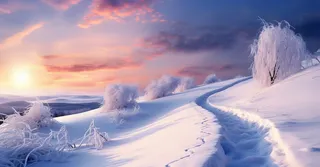 茫茫的雪原清晨日出霞光普照摄影图